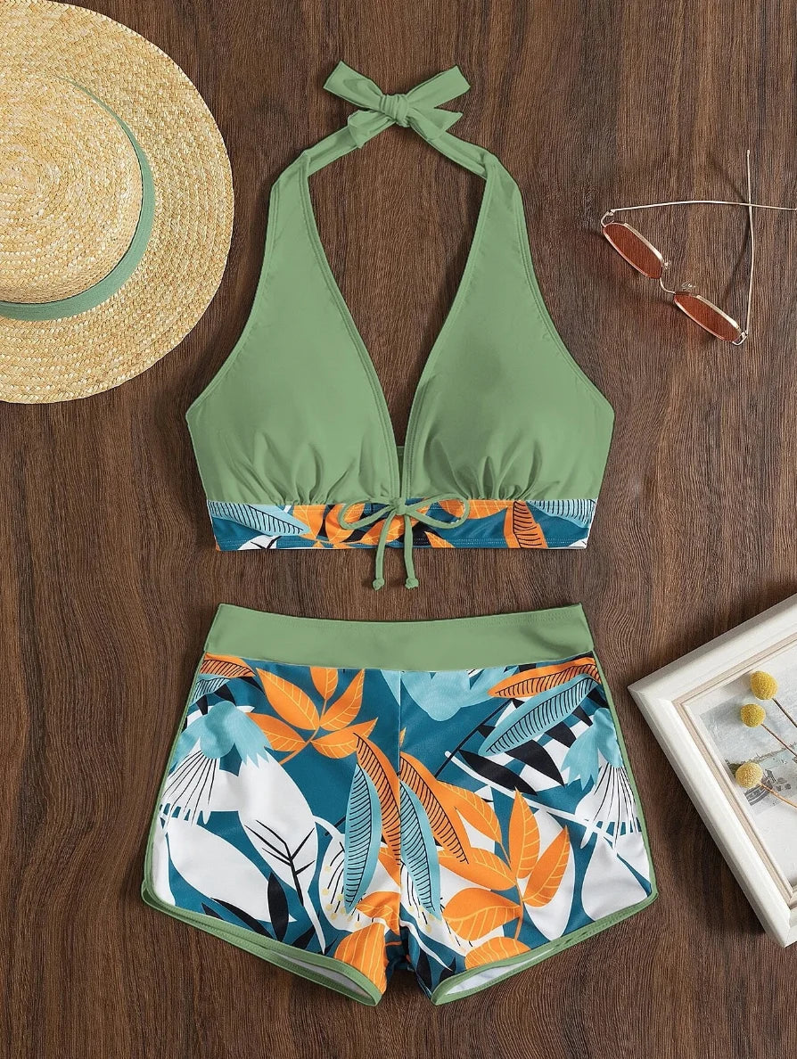 2 Piece Halter Bikini Set Shorts Swimsuit High Waist Swimwear Female Printed Bathers Swimming Bathing Swim Suit Beachwear - The Clothing Company Sydney