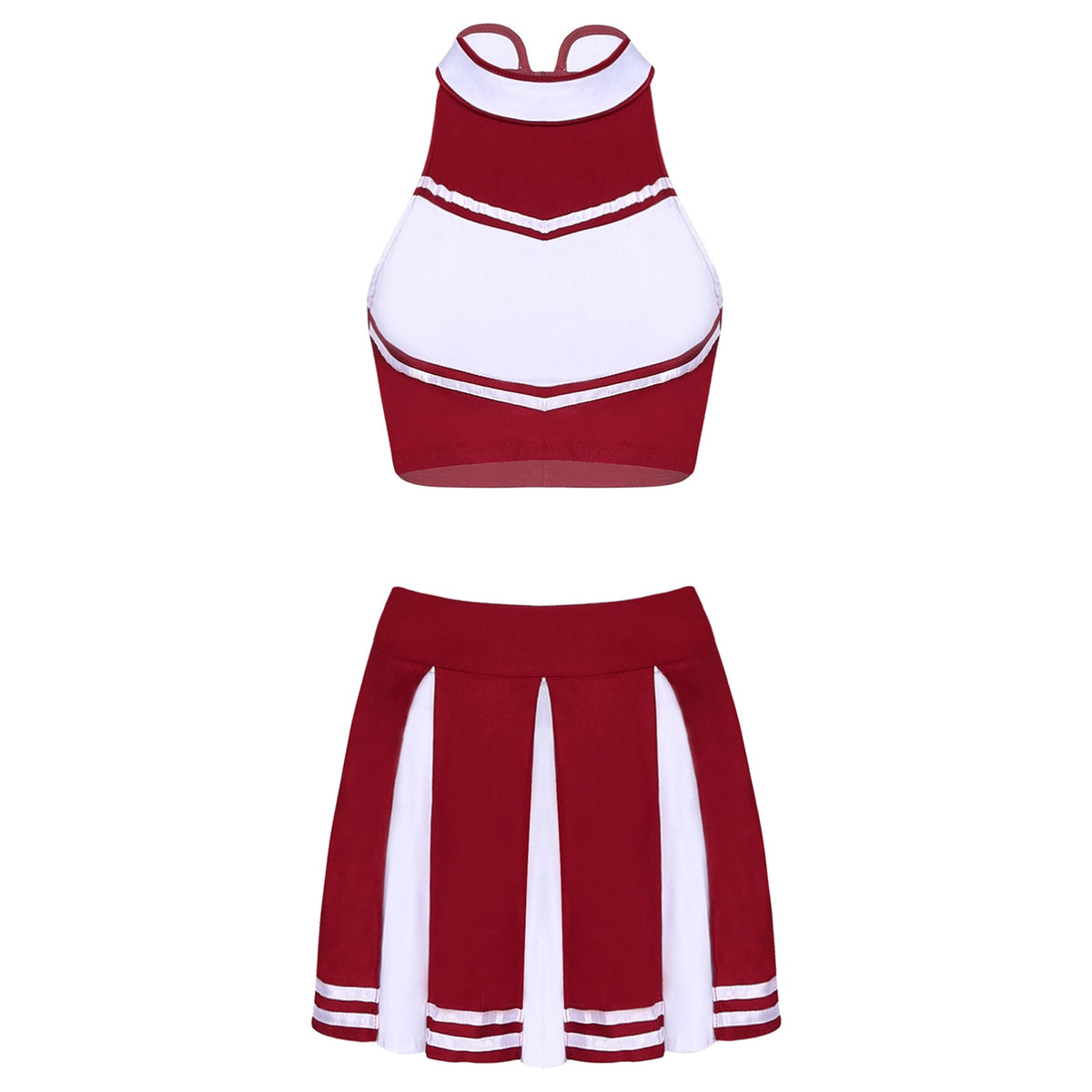 Women's cheerleader cosplay costume with stand collar crop top and mini pleated skirt, featuring vibrant colors and sporty design.