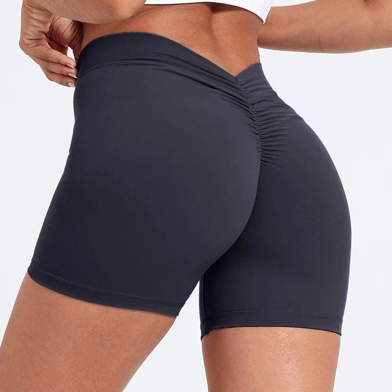 High-waisted V-back yoga shorts by The Clothing Company Sydney, nylon fitted fitness shorts for training and active sports.