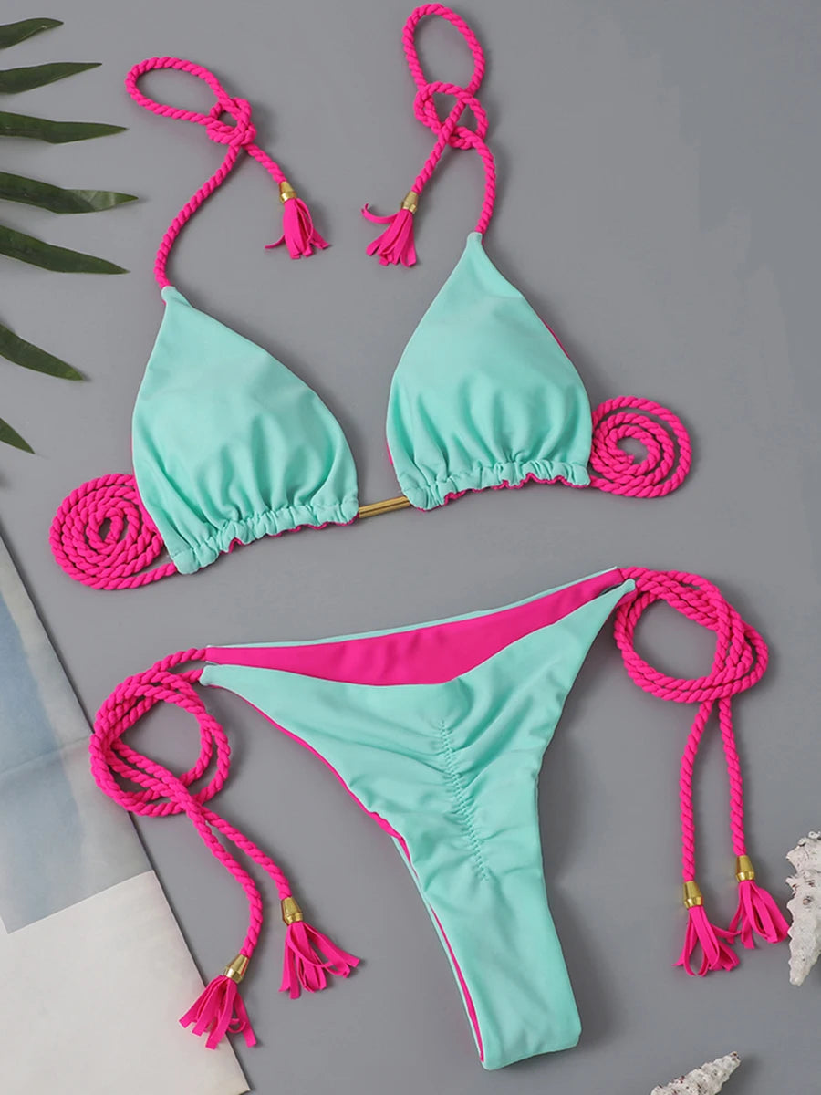 Two-piece triangle string bikini swimsuit by The Clothing Company Sydney, solid color, thong style, perfect for summer beachwear.