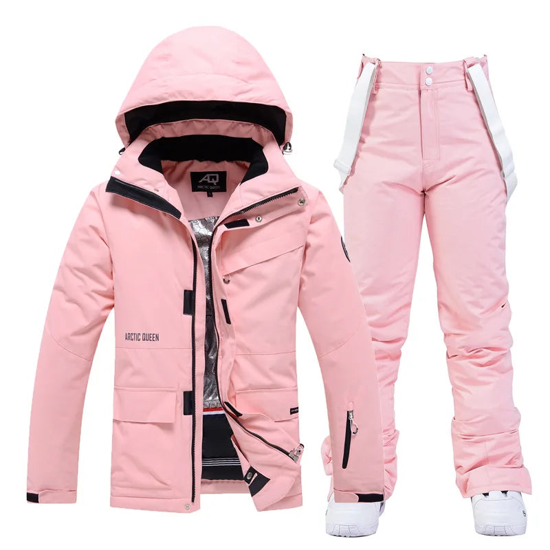 Two-piece women's ski suit by The Clothing Company Sydney, waterproof and windproof snowboard jacket with matching pants.