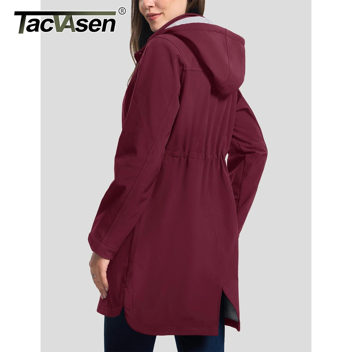 Womens long fleece-lined softshell jacket with hood, windproof raincoat from The Clothing Company Sydney, ideal for winter outdoor wear