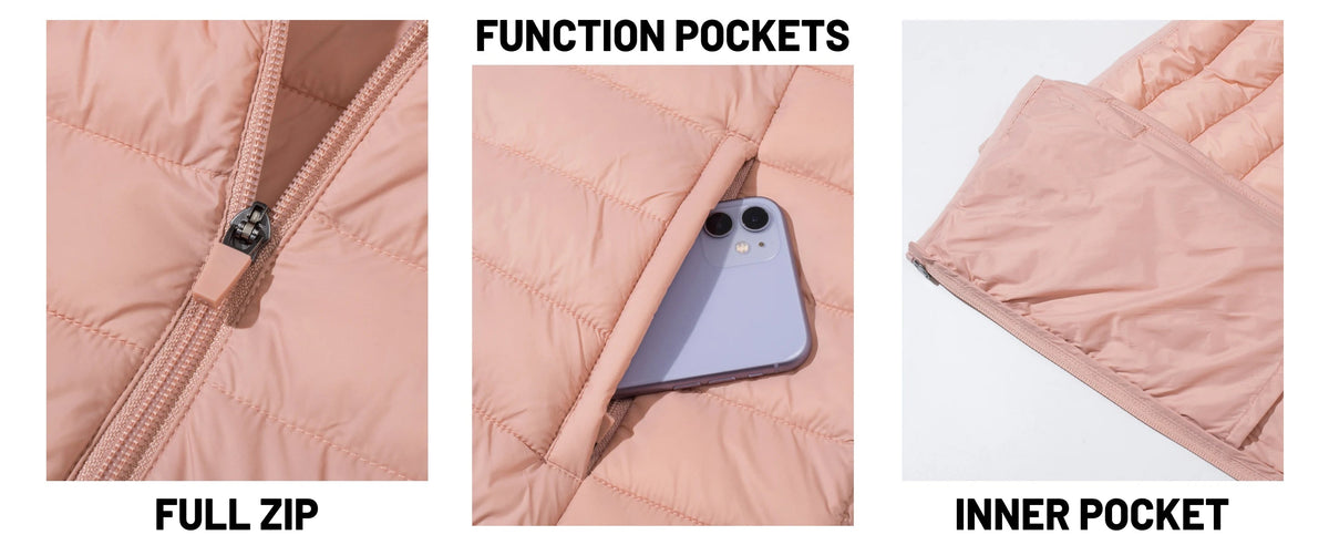 Women's warm puffer hooded jacket by The Clothing Company Sydney featuring quilted design, multiple pockets, waterproof winter coat.