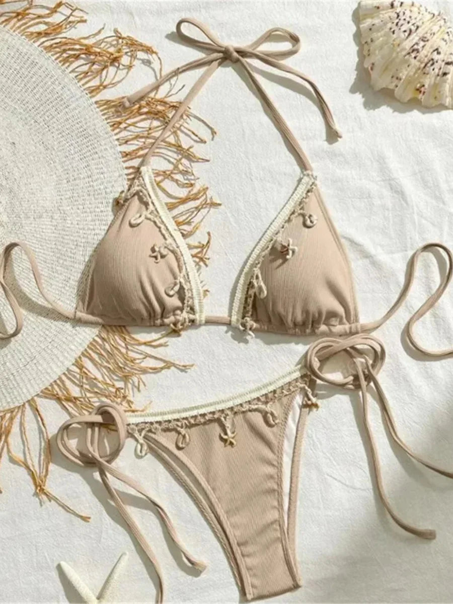 Ribbed shell-printed two-piece bikini set with halter straps for women, from The Clothing Company Sydney, ideal for swimming.