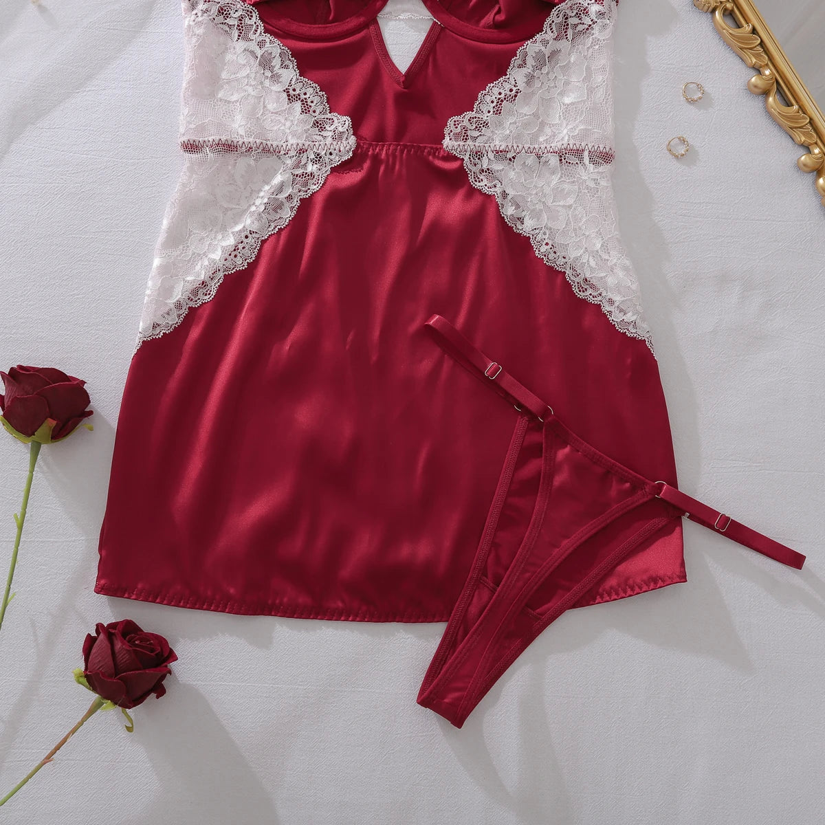 Deep-V neck satin lingerie night dress with lace patchwork and split design, women's slip nightwear by The Clothing Company Sydney