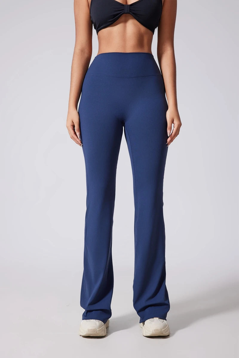 Women's high waisted flared yoga pants by The Clothing Company Sydney, featuring wide legs and micro flare design for fitness and comfort.