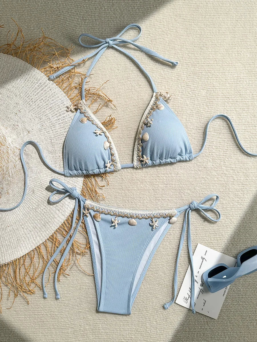 Ribbed shell-pattern bikini set for women featuring halter straps and two-piece design, stylish swimwear by The Clothing Company Sydney