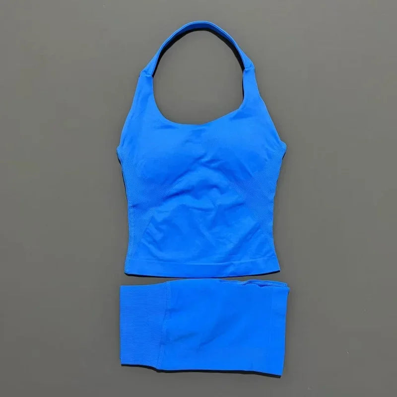 2 Piece Sports Halter Top Strappy Bra Shorts Matching Set Seamless Yoga Gym Running Fitness Shorts Suit