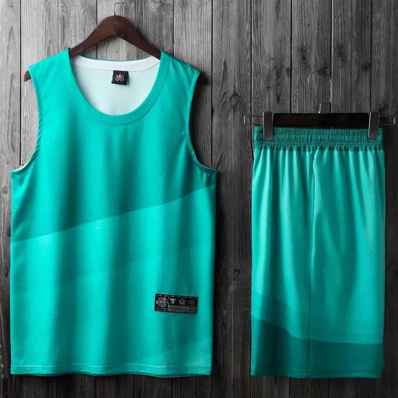 Personalized 2-piece basketball jersey set for men, women, and kids, featuring breathable fabric and custom team or name options.