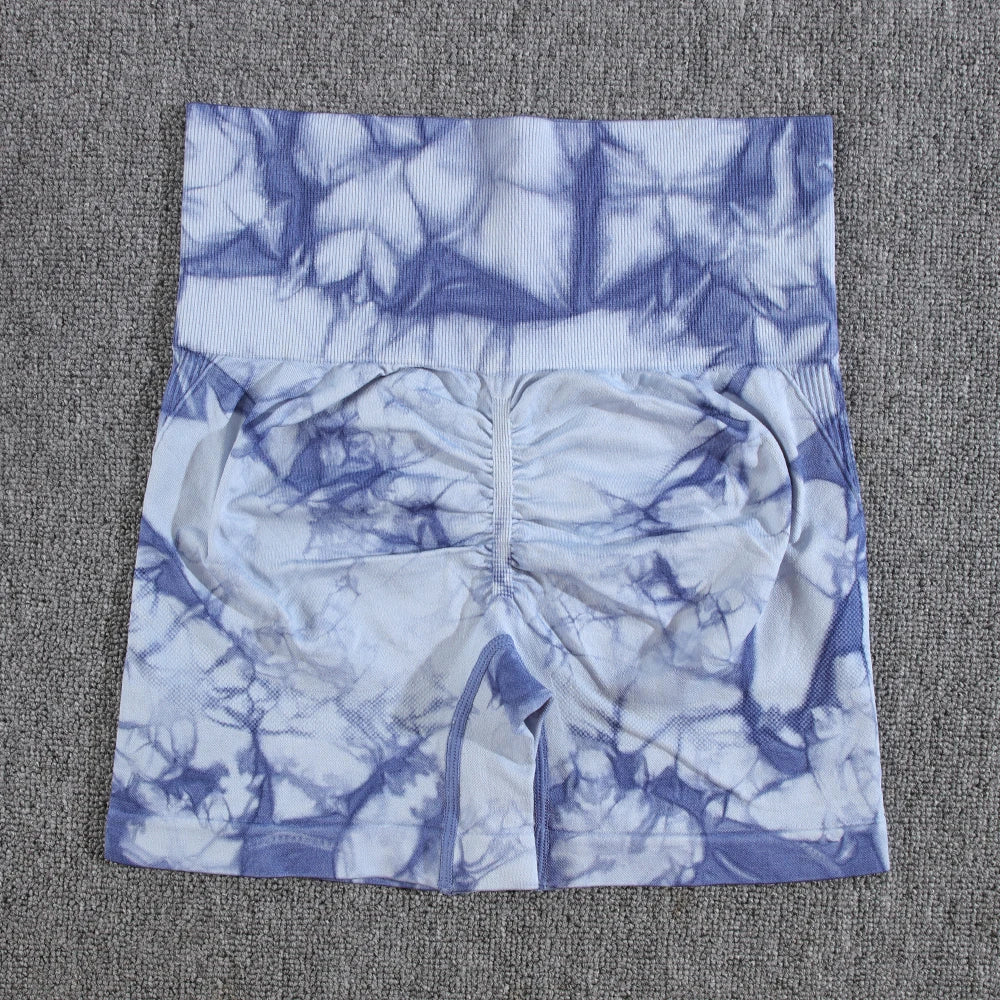 Women's tie dye gym shorts by The Clothing Company Sydney, high waist seamless fitness bike shorts for summer outdoor workouts.