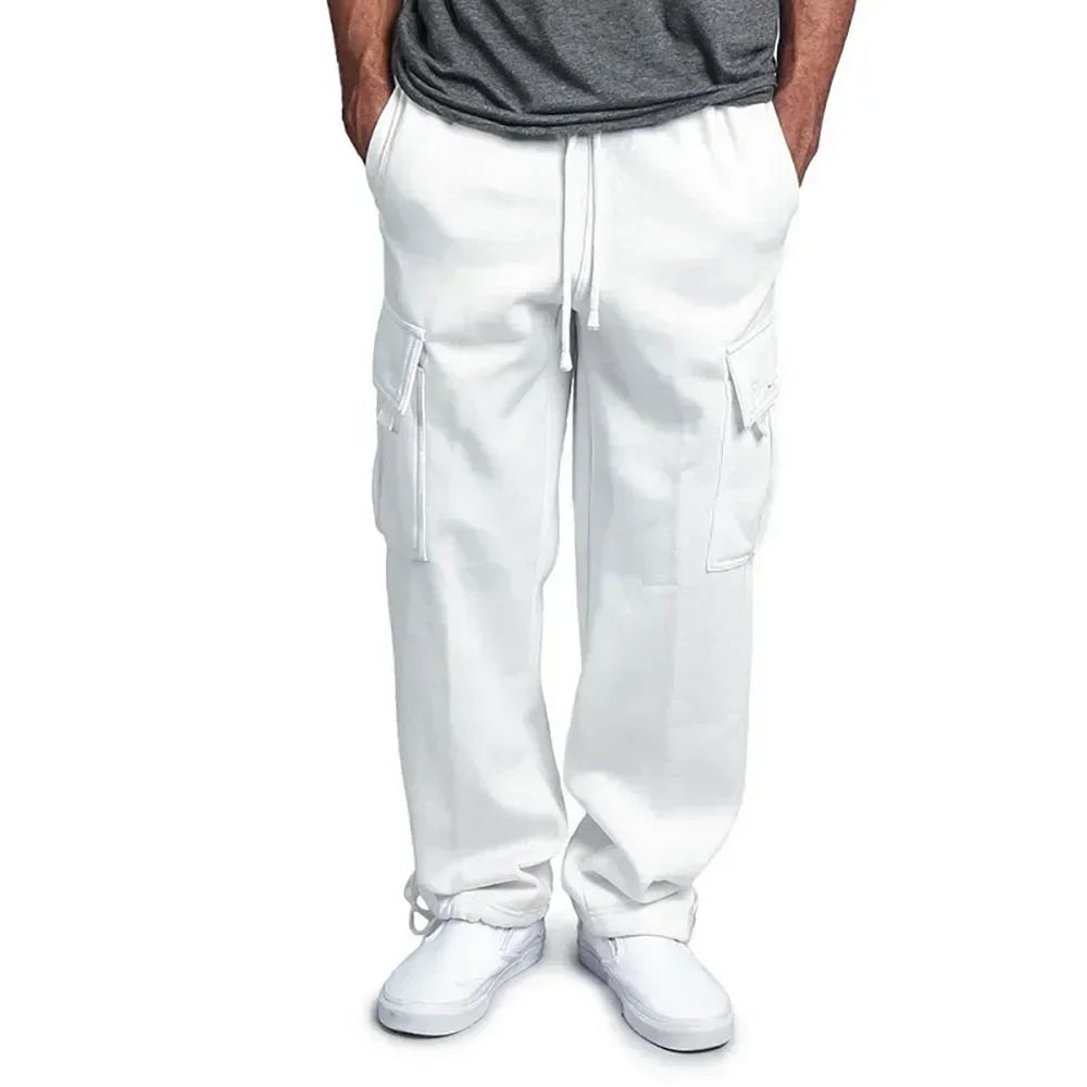Men Cargo Jogger Autumn Winter Fleece Sweatpants Loose Fit Trousers Multi Pocket Overalls Hip Hop Streetwear Cargo Long Pants