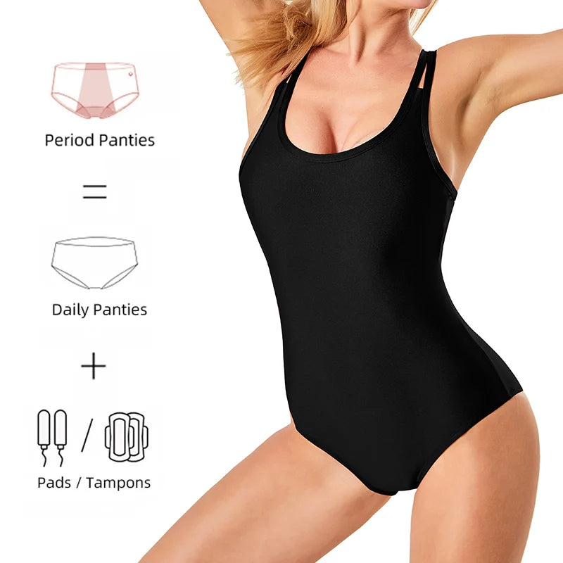 Men's menstrual swimsuit by The Clothing Company Sydney, one-piece leak-proof period swimwear with absorbent beachwear design.