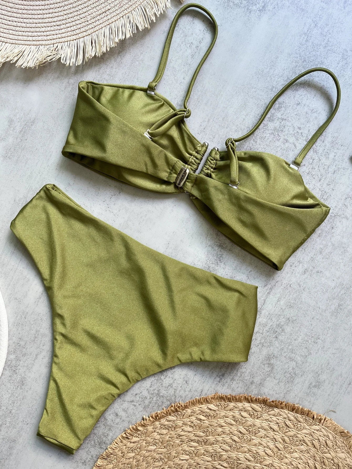 Two-piece bandeau bikini set from The Clothing Company Sydney featuring push-up swimwear, solid beachwear, and thong-style bottoms.