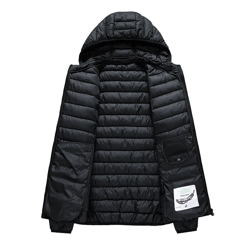 Men's hooded casual puffer down jacket by The Clothing Company Sydney, featuring a quilted design and warm, padded construction.