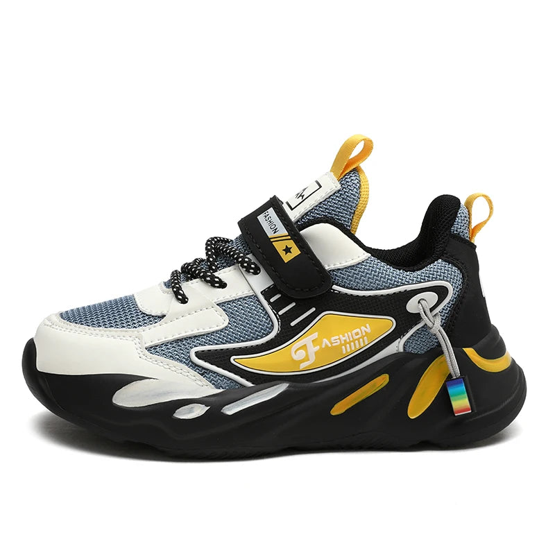 Boys' breathable mesh sneakers by The Clothing Company Sydney with non-slip soles and hook & loop closure, suitable for ages 7-13.