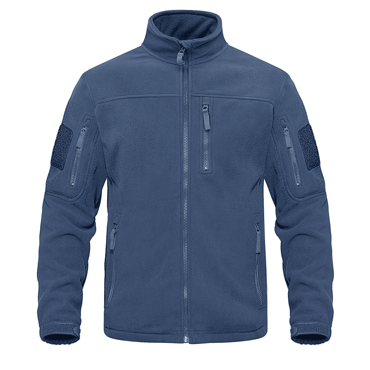 Men's green tactical fleece jacket with full zip, thermal lining, multiple pockets, suitable for hiking, work, and outdoor activities.