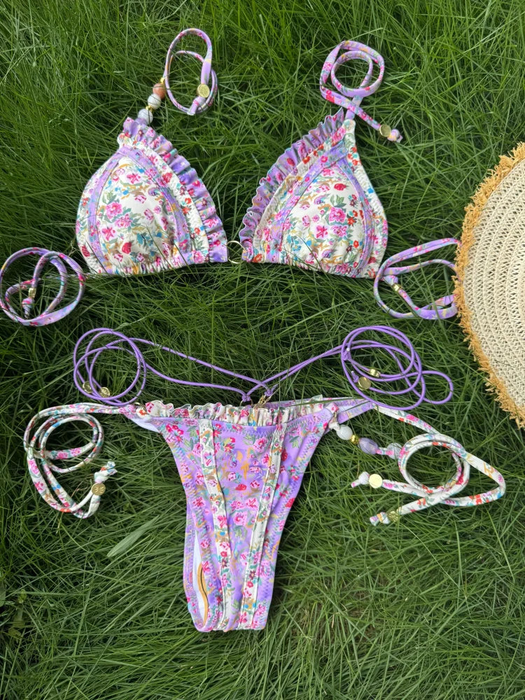 2 Piece Triangle Micro Thongs Swimsuit Bathing Suit Bandage Beachwear Print Swimwear Thong Bikini Set