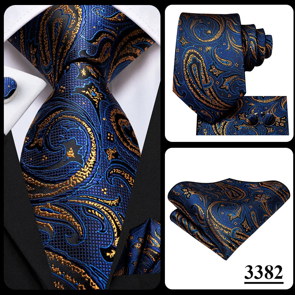 Blue paisley silk tie set for men including necktie, cufflinks, and hanky, with elegant accessories from The Clothing Company Sydney.