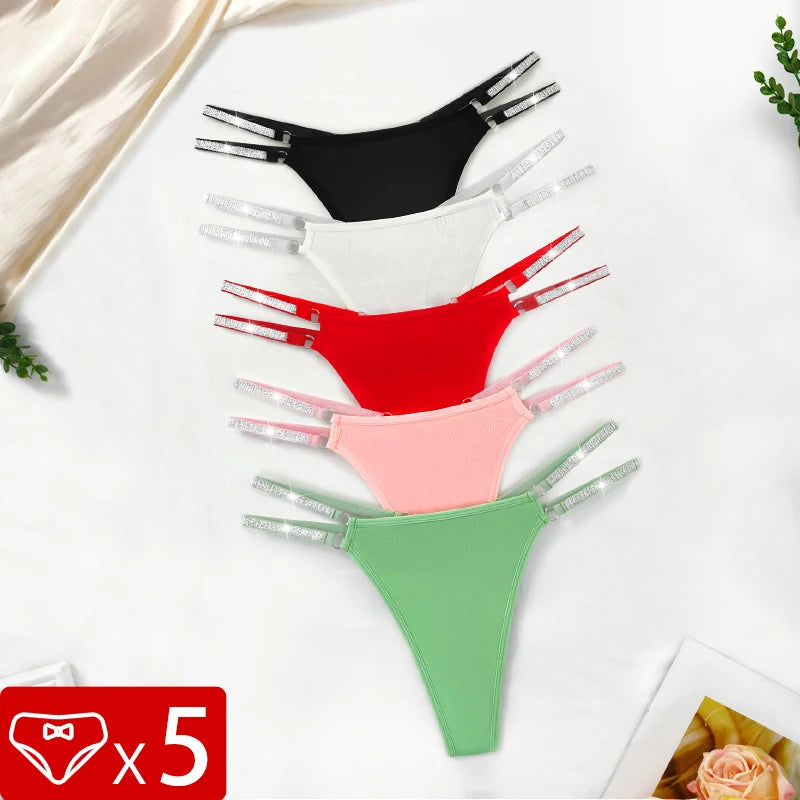 Five women's low waist G-string panties from The Clothing Company Sydney, breathable thong lingerie pack, black and nude colors.