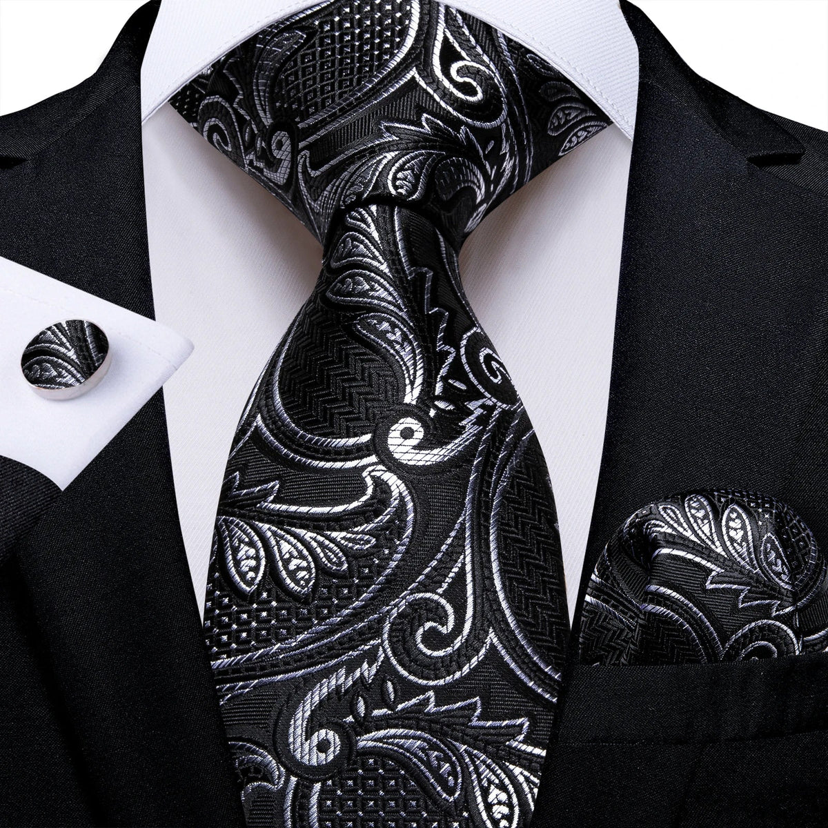 Men's gray paisley silk tie set with wedding tie, pocket square, and cufflinks, featuring elegant floral pattern from The Clothing Company Sydney.
