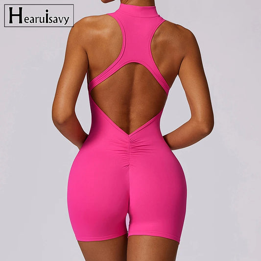 V Back Scrunch Sports Jumpsuit Women Gym Rompers Sleeveless Sportswear Zipper One-Piece Suit Yoga Clothing - The Clothing Company Sydney