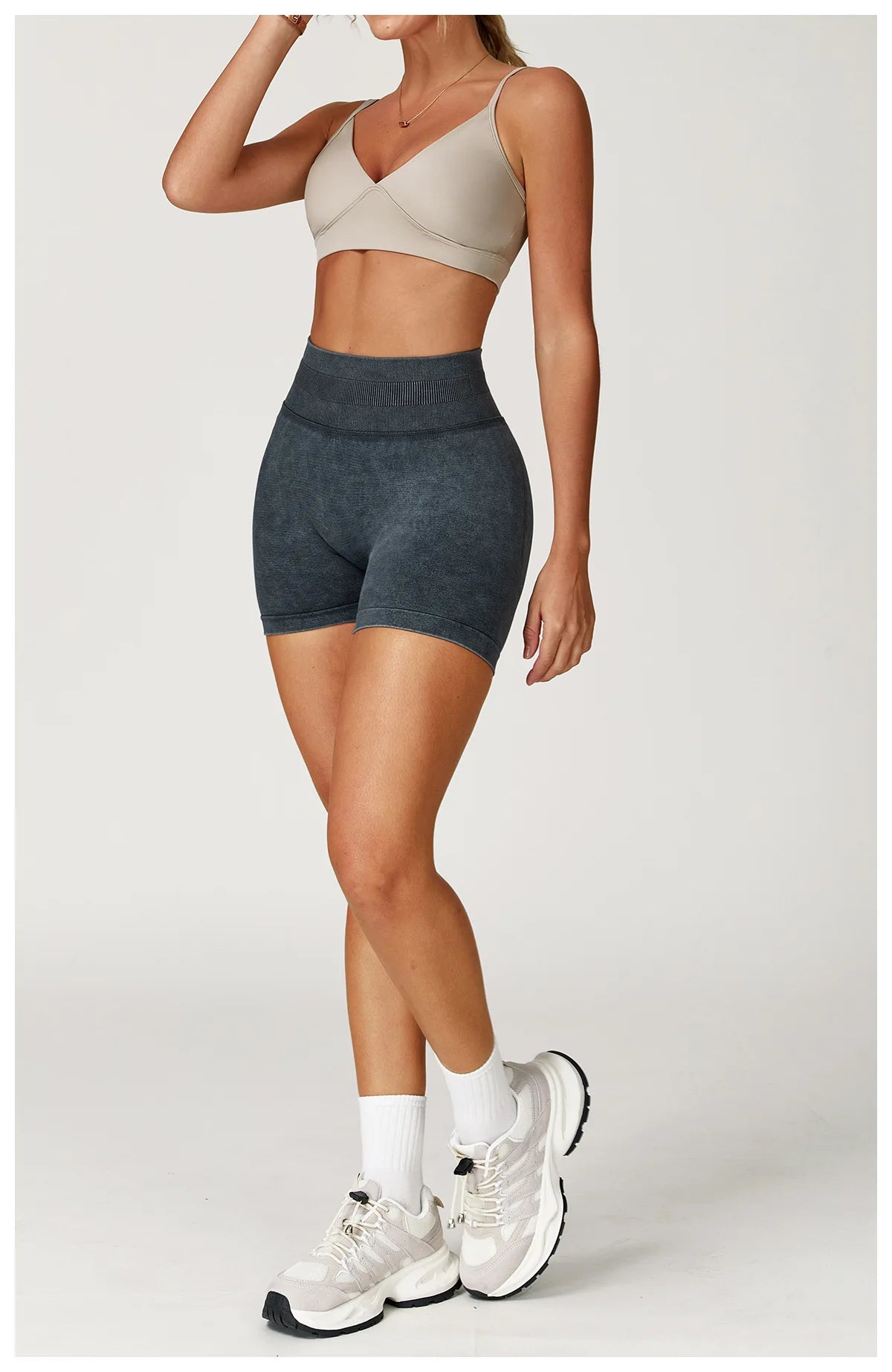 Sand washed high waist yoga bicycle shorts for women, fitness and workout shorts by The Clothing Company Sydney, ideal for gym and running.
