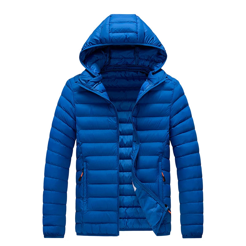 Men's hooded casual puffer down jacket by The Clothing Company Sydney, front view showing quilted design and hood.