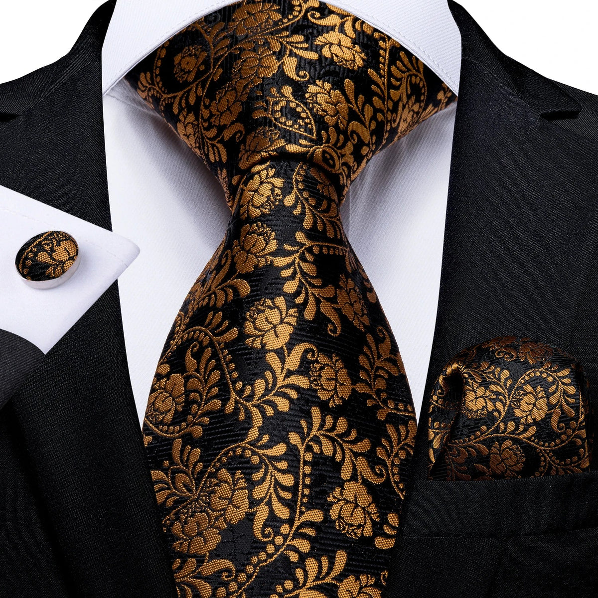 Luxury black and gold paisley silk tie set with matching pocket square and cufflinks, men's accessories by The Clothing Company Sydney