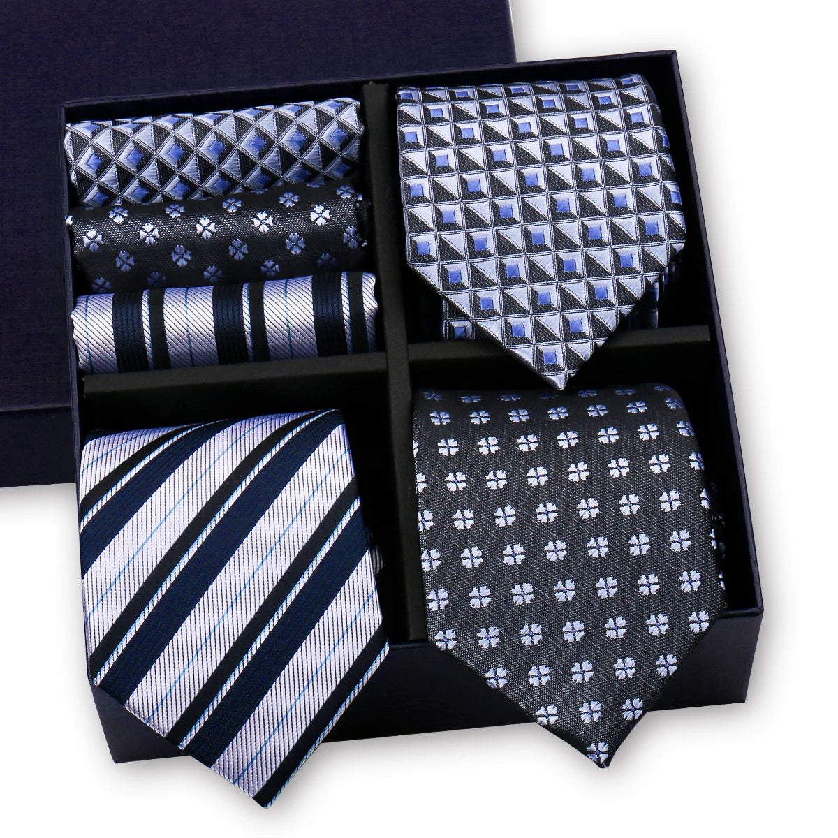Luxury men's tie set with paisley and striped necktie, matching handkerchief in gift box, stylish accessories for formal occasions.