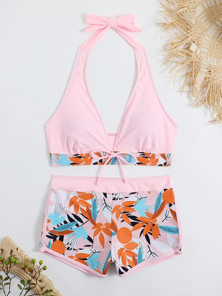 2 Piece Halter Bikini Set Shorts Swimsuit High Waist Swimwear Female Printed Bathers Swimming Bathing Swim Suit Beachwear - The Clothing Company Sydney