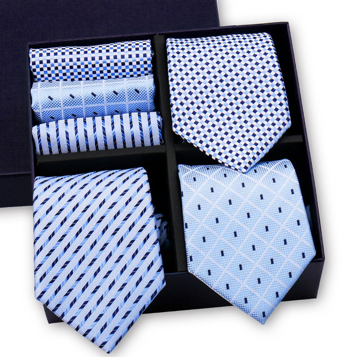 Luxury men's tie set with paisley and striped necktie, matching handkerchief in gift box, from The Clothing Company Sydney.