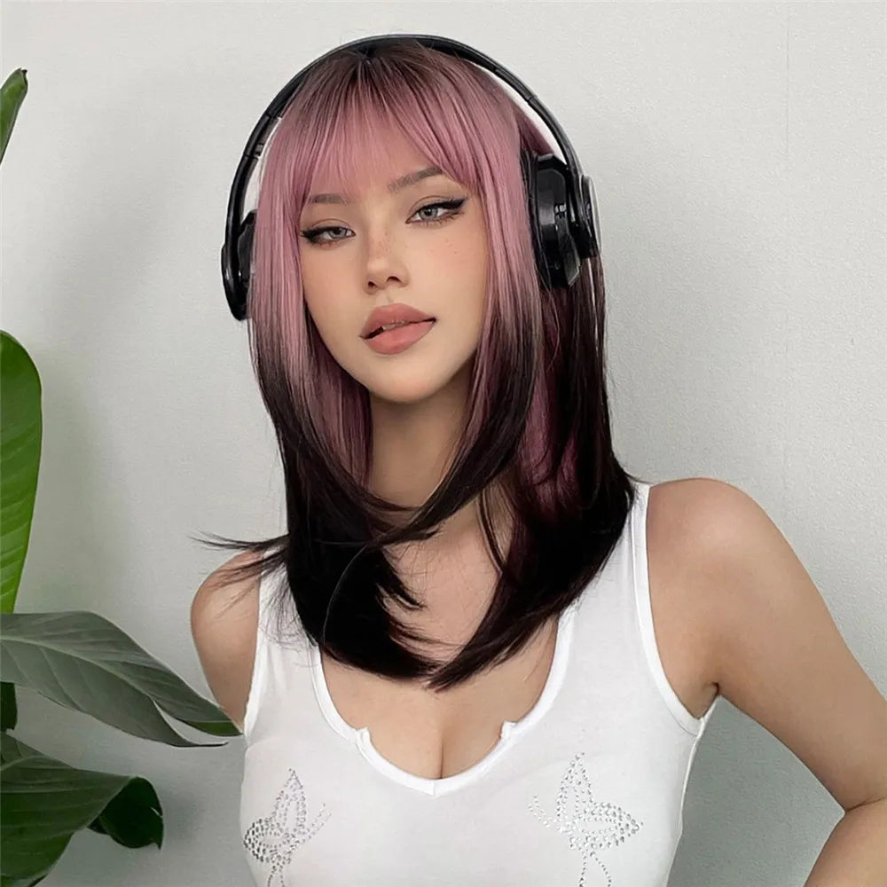 Long layered straight synthetic wig in black and pink ombre with mixed colors, suitable for cosplay and women's accessories.