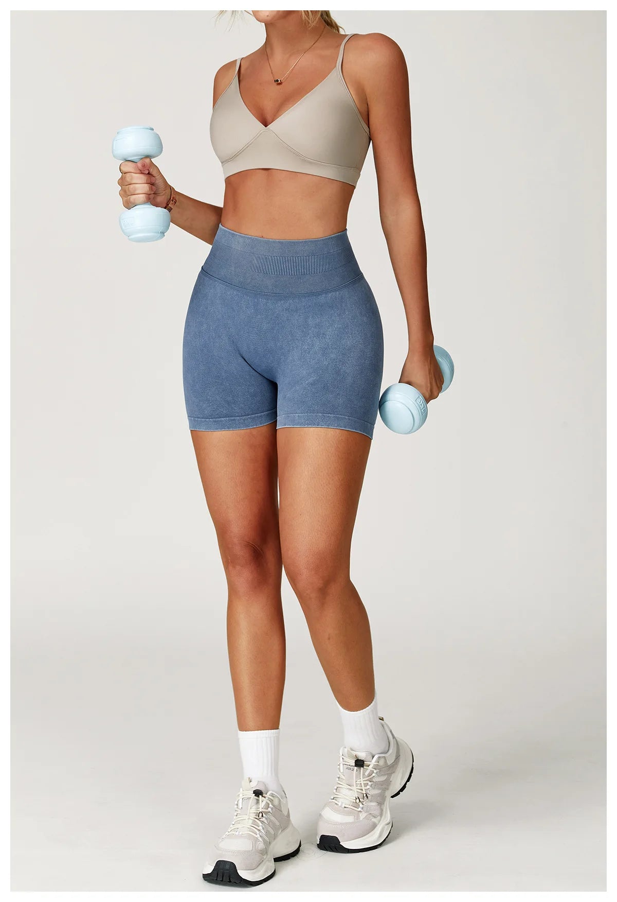 Sand-washed high waist yoga bicycle shorts for women by The Clothing Company Sydney, perfect for fitness, running, and gym workouts.