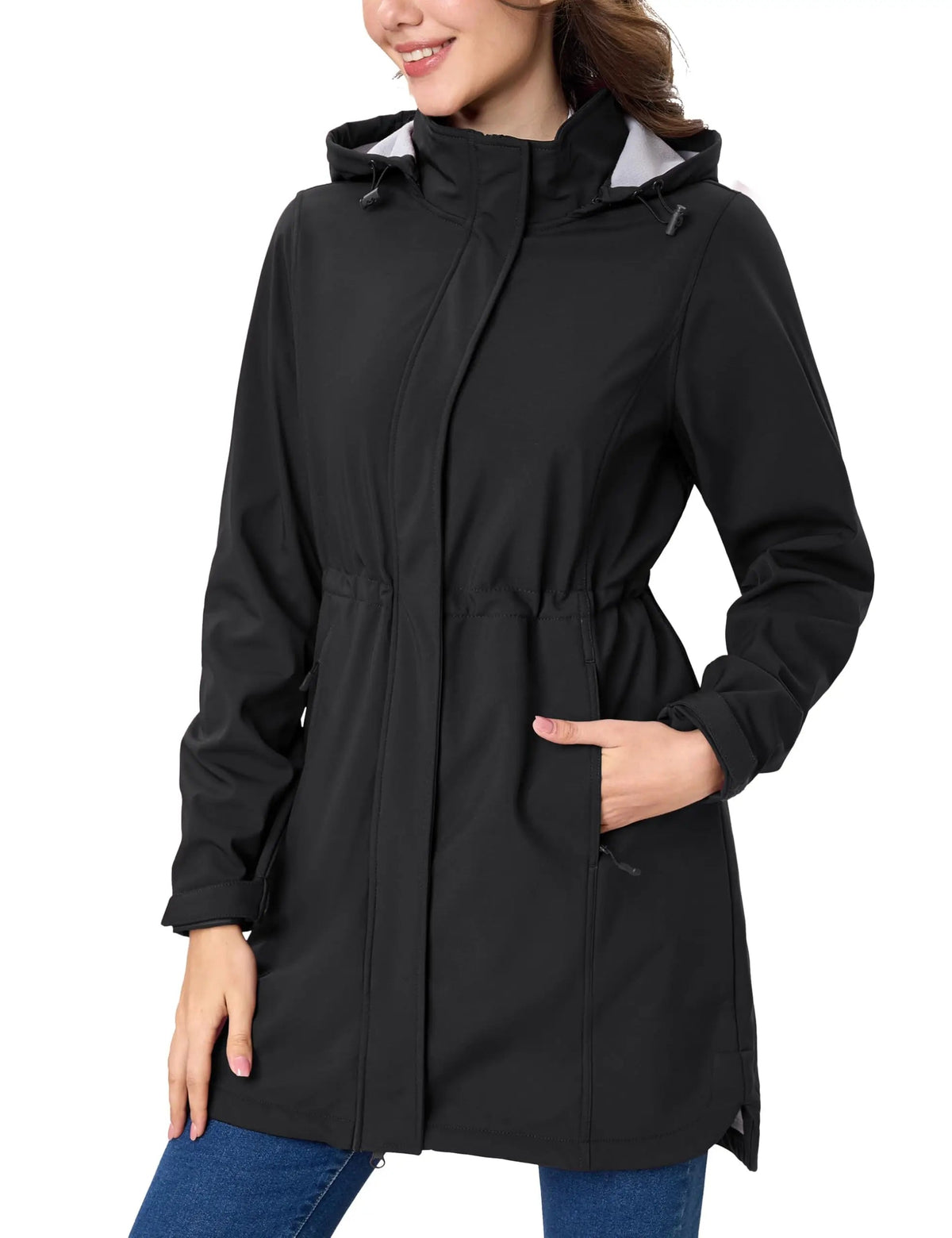 Women's long fleece-lined softshell jacket with hood, windproof raincoat, warm winter outdoor windbreaker from The Clothing Company Sydney.