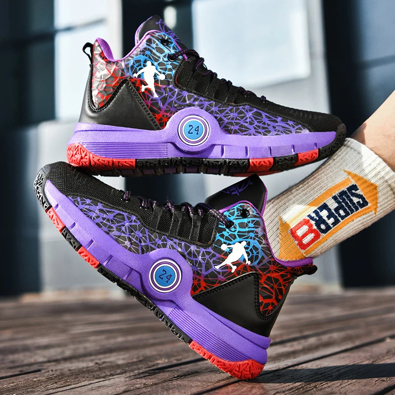 High-top basketball shoes from The Clothing Company Sydney with non-slip soles and breathable mesh material.