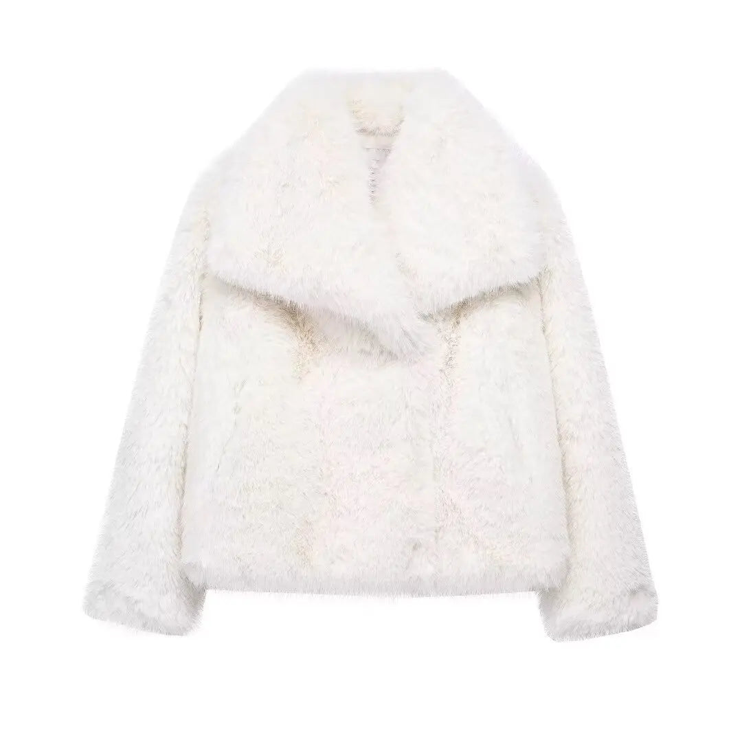 Women's faux fur cropped jacket with long sleeves, snap buttons, chic lapel collar, and thick outerwear from The Clothing Company Sydney