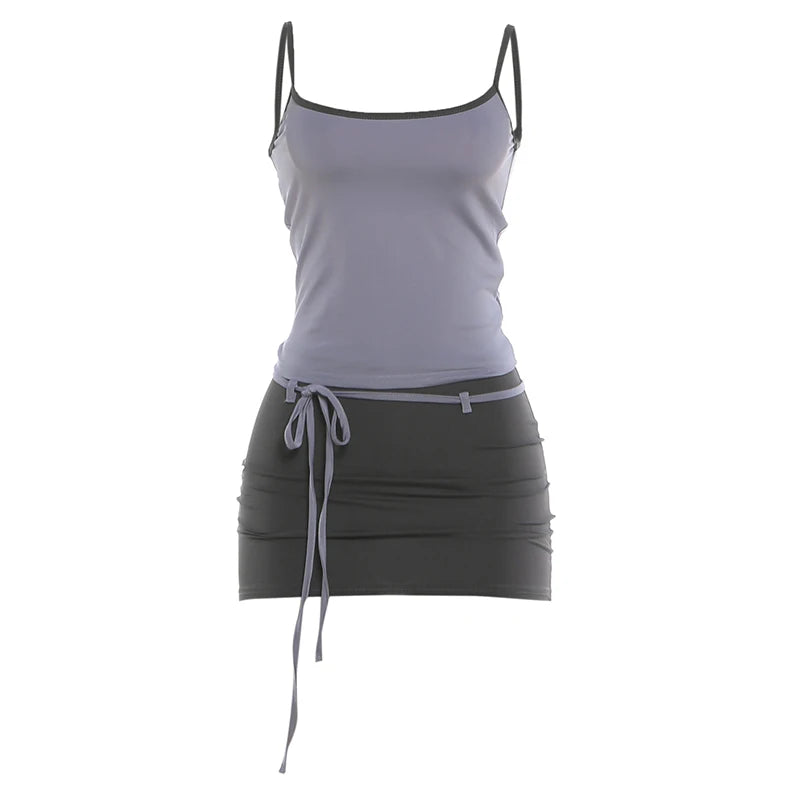 Two-piece Y2K women's matching set featuring a low-neck backless camisole top and bandage tassel mini skirt from The Clothing Company Sydney.