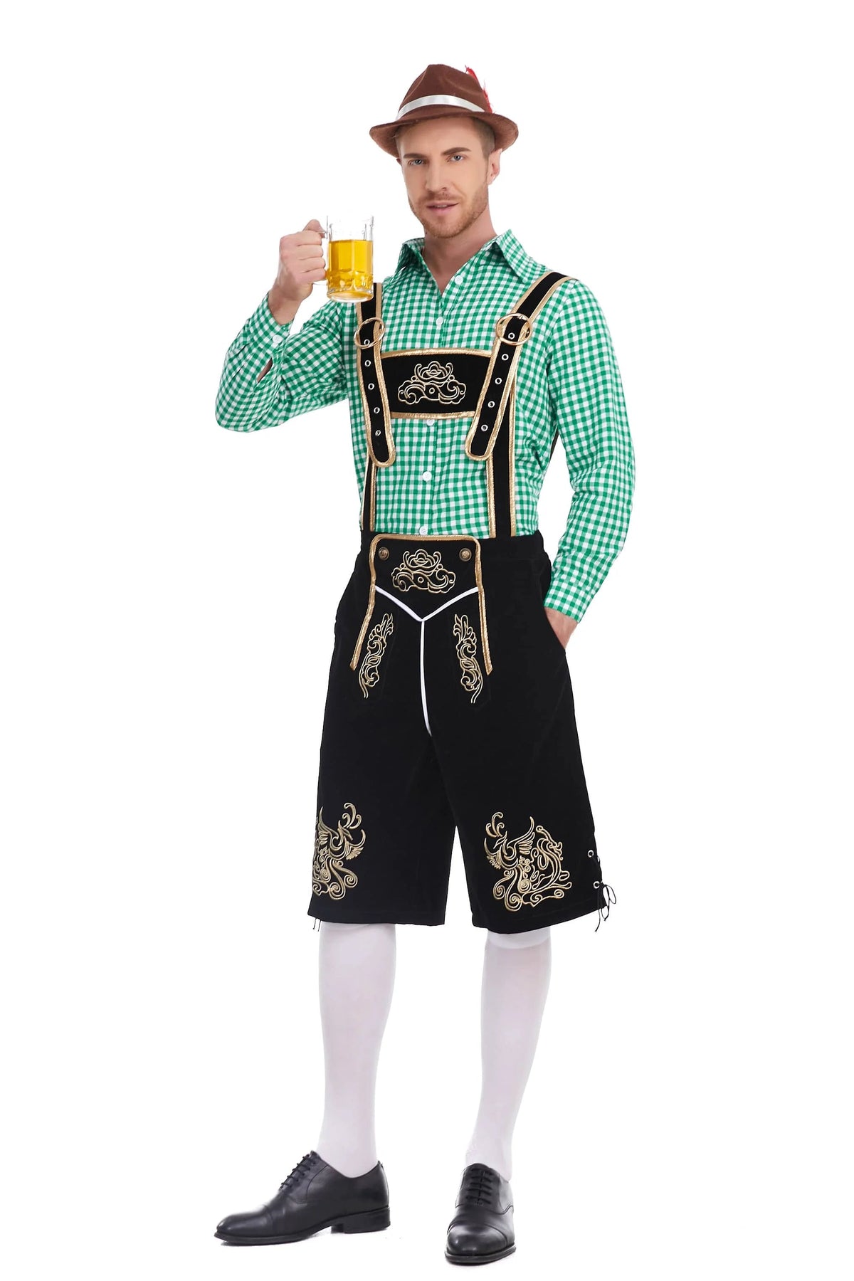 Men's Oktoberfest Lederhosen costume with suspenders, shirt, and hat, featuring traditional Bavarian German festival attire.