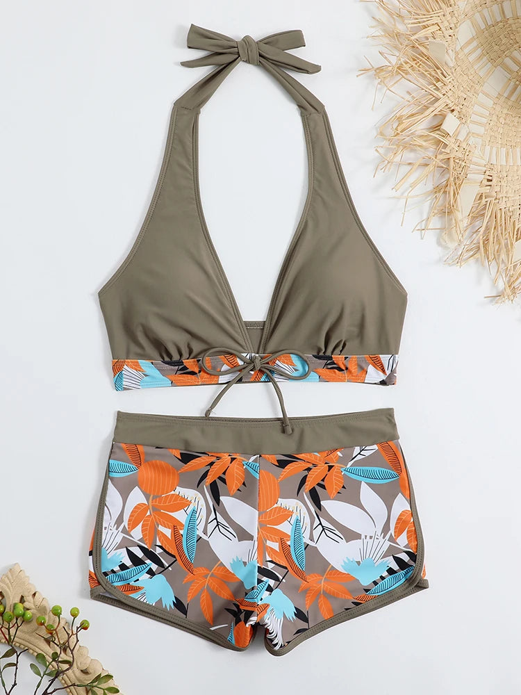 2 Piece Halter Bikini Set Shorts Swimsuit High Waist Swimwear Female Printed Bathers Swimming Bathing Swim Suit Beachwear - The Clothing Company Sydney