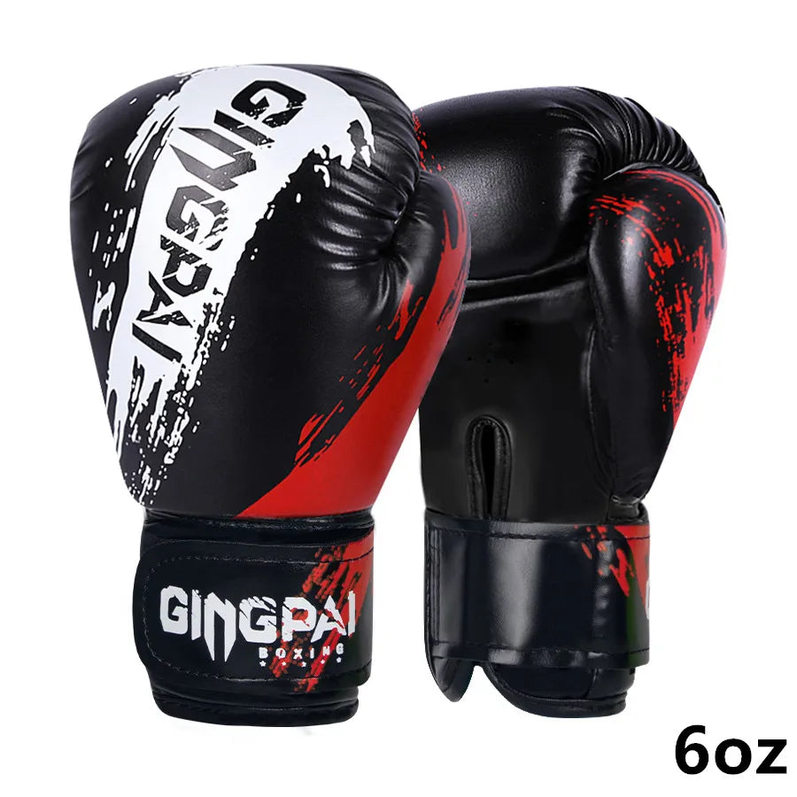 Black, red and blue adjustable Muay Thai boxing gloves for adults and kids training and sparring