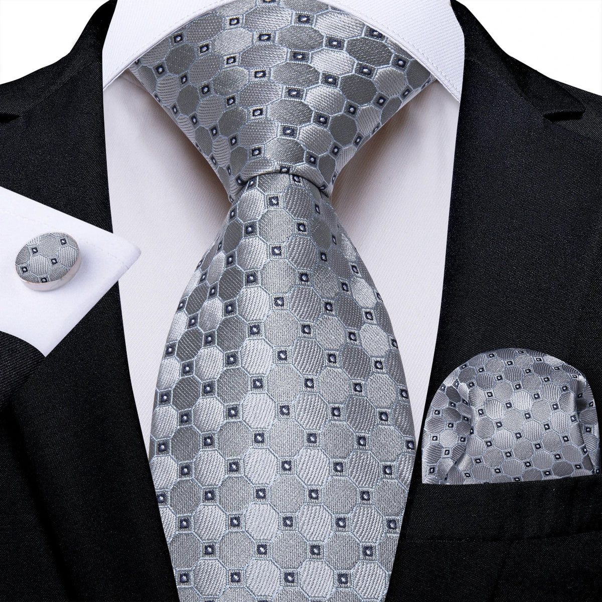 Men's gray paisley silk tie set with matching pocket square and cufflinks, ideal for wedding attire, by The Clothing Company Sydney