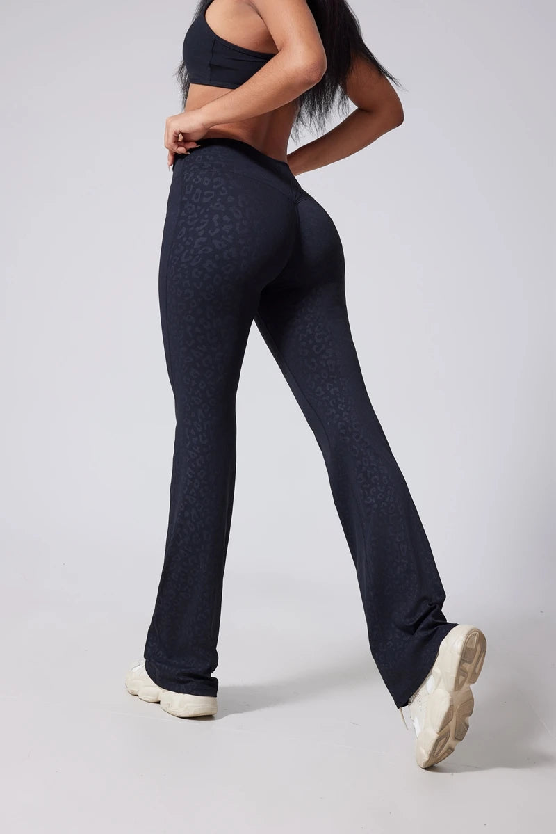 Women's high-waisted flared yoga pants with wide legs and micro flare, perfect for fitness and sports by The Clothing Company Sydney.