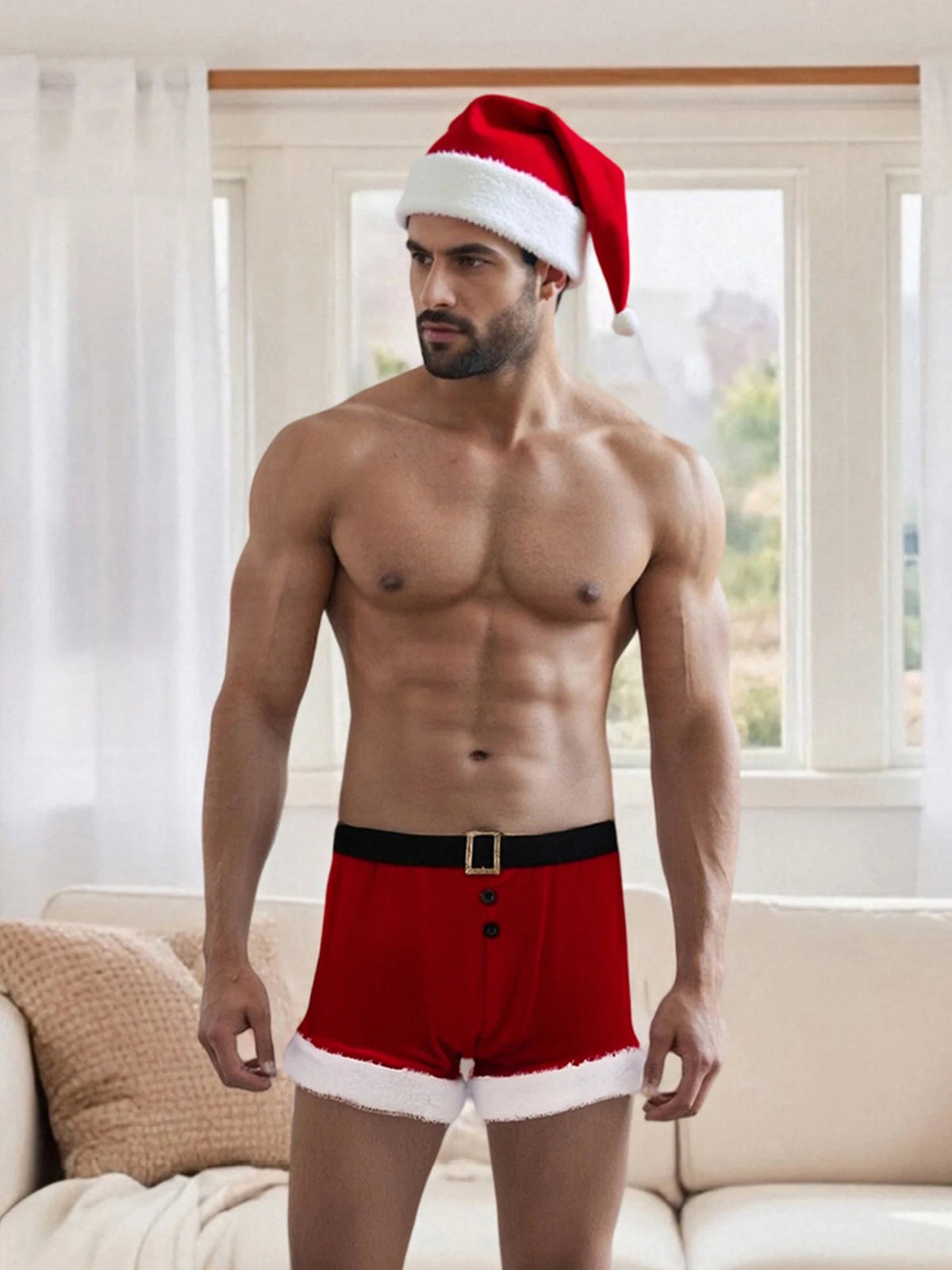 Men's Christmas lingerie set featuring red and white boxer briefs with Santa hat, holiday-themed underwear from The Clothing Company Sydney.