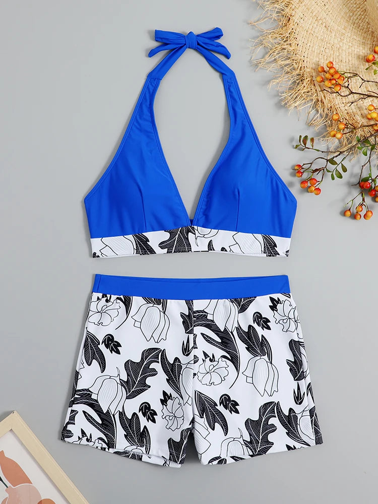 2 Piece Halter Bikini Set Shorts Swimsuit High Waist Swimwear Female Printed Bathers Swimming Bathing Swim Suit Beachwear - The Clothing Company Sydney