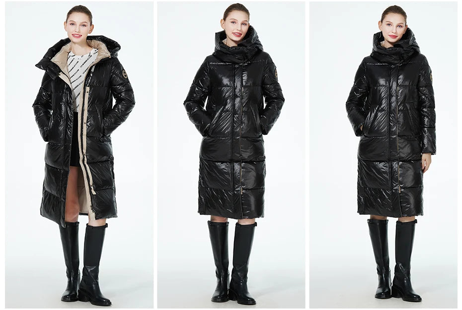 Women’s long hooded winter parka by The Clothing Company Sydney, thick quilted puffer jacket with front pockets, suitable for cold weather.