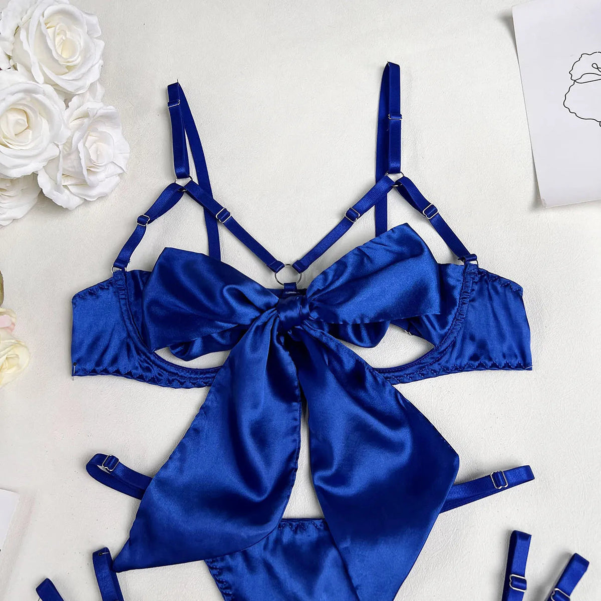 Bowknot Lingerie Open Bra Lace Up Underwear 3-Piece Satin Outfit Set The Clothing Company Sydney