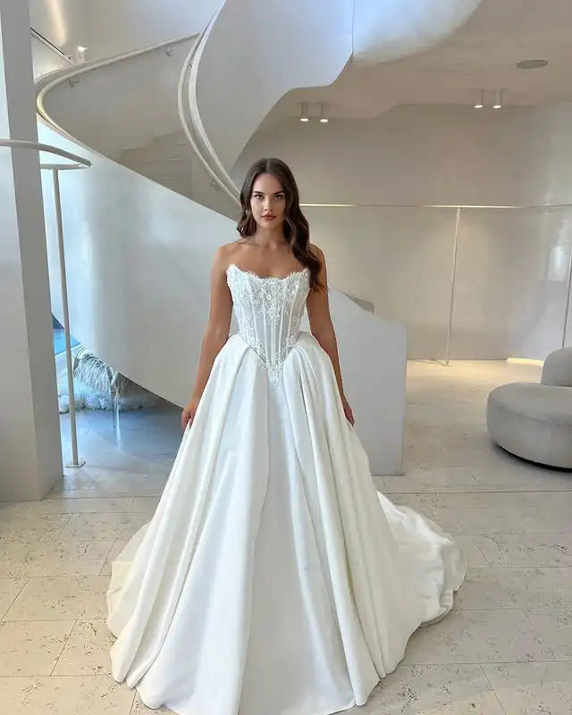 Satin A Line Luxurious Scoop Neckling Lace Bodice Wedding Dresses Custom Made Bridal Grown