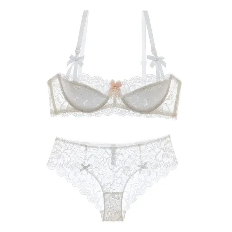 Two-piece pull-up lace bra set with bows, breathable lace fabric, anti-slip cups, designed for comfort and style from The Clothing Company Sydney.