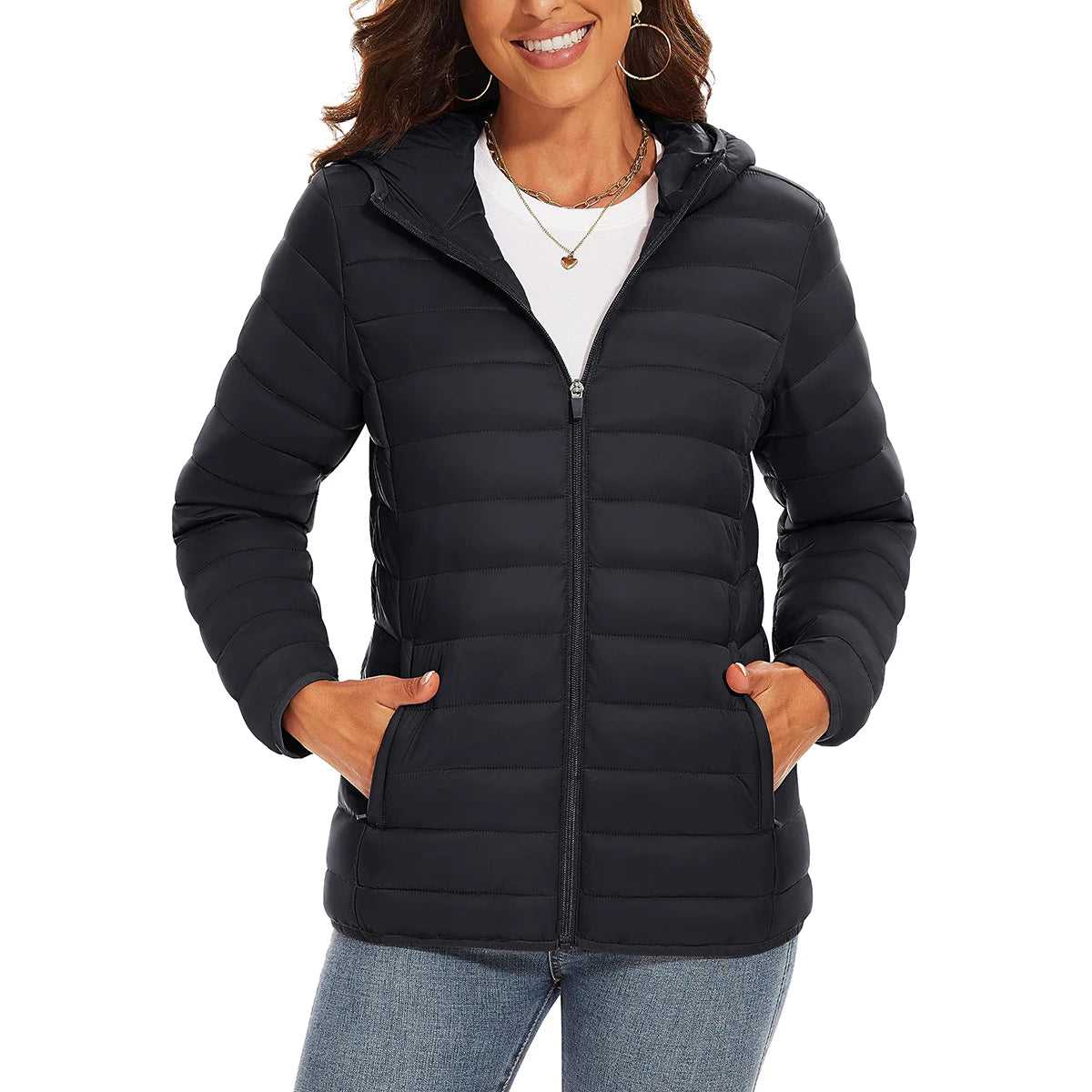 Warm puffer hooded women's quilted winter jacket with multiple pockets, waterproof, lightweight down coat by The Clothing Company Sydney.