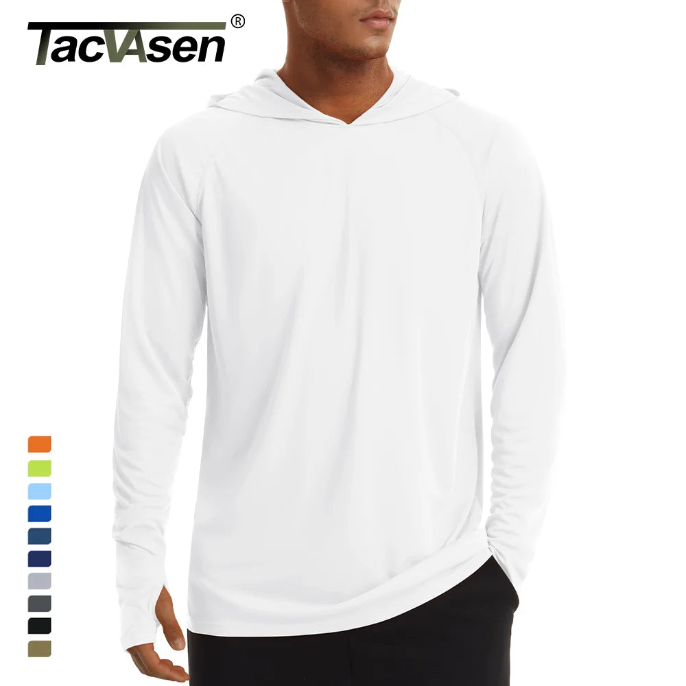 Men's UPF 50+ hooded T-shirt by The Clothing Company Sydney, quick-dry long sleeve shirt with sun protection for outdoor sports and running